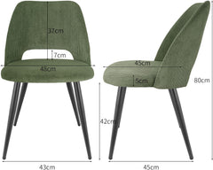 Green velvet upholstered dining chairs,independent metal legs.