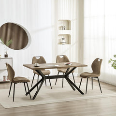 Brown Dining Chairs, Fabric, Upholstered Seat Backrest Black Metal Legs.