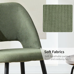 Green velvet upholstered dining chairs,independent metal legs.