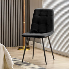 Black upholstered dining chairs,high back and Dutch velvet, metal base.