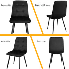 Black upholstered dining chairs,high back and Dutch velvet, metal base.