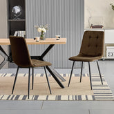 Brown upholstered dining chairs,high back and Dutch velvet, metal base.