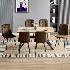 Brown upholstered dining chairs,high back and Dutch velvet, metal base.